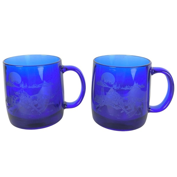 Luminarc Cobalt Etched Running Wolf Mugs Set Of 2 Blue Coffee Cups - Picture 1 of 7